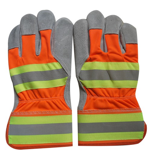 Hi-Vis Split Leather Gloves w/ Safety Cuffs